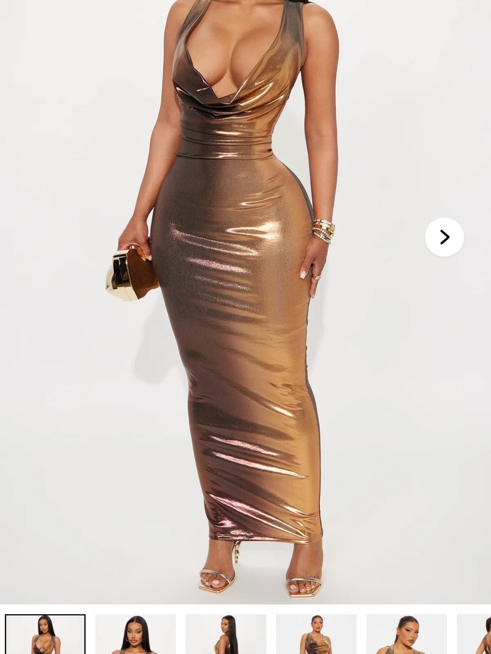 Fashion Nova Metallic Bronze Cowl Neck Maxi Dress